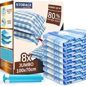 Bolsa de Almacenamiento al Vacío Storage Master, Paquete de 8 Bolsas Ahorradoras de Espacio Tamaño 100x70cm, 80% Más Espacio de Almacenamiento con Bomba Manual